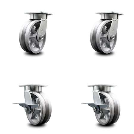 6 Inch Kingpinless V Groove Semi Steel Wheel Swivel Caster Set With 2 Brakes SCC